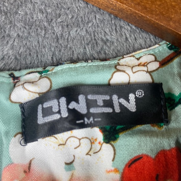 Dress Womens Medium Mint Floral Peony Fit & Flare Retro 50s Cotton Stretch OWIN - Picture 4 of 11